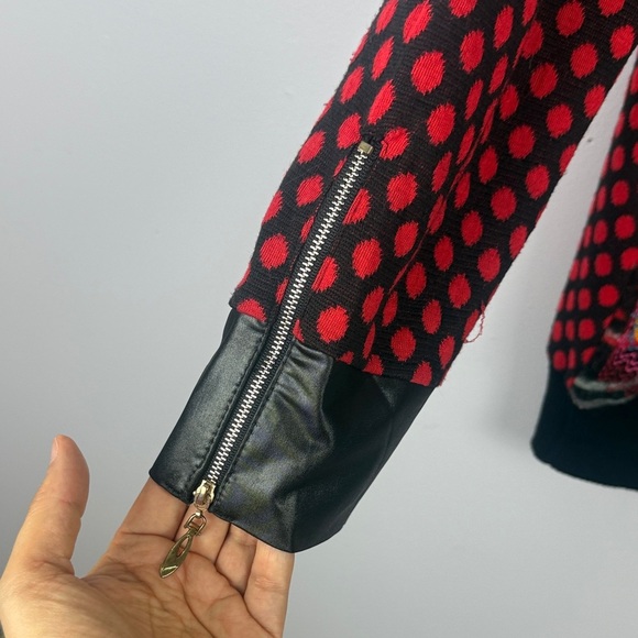 Goa Chic Artsy Red Black Faux Leather Polka Dot Embroidered Detail XL Sweater - Picture 5 of 12